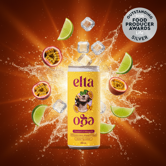 Elta Ego Passionfruit Margarita alcohol-free mocktail can with amber explosion of passionfruit, lime and ice