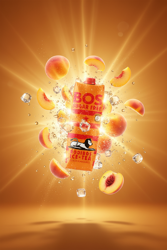 BOS Peach Sugar Free Rooibos Ice Tea 1L with exploding peach slices and ice